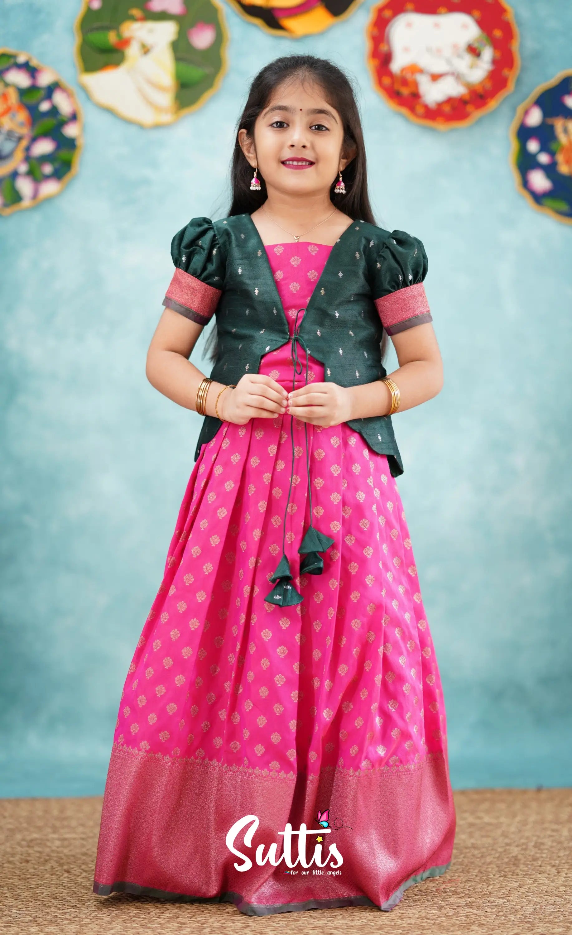 Antara - Bright Pink Tone And Dark Green Shade Pavadai Sattai Kids-Suttis