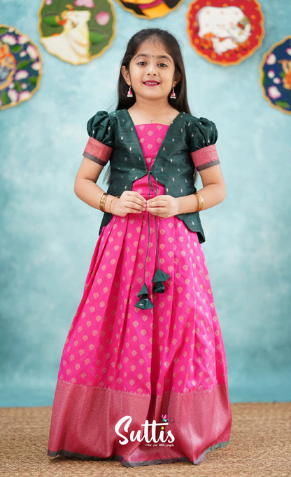 Antara - Bright Pink Tone And Dark Green Shade Pavadai Sattai Kids-Suttis