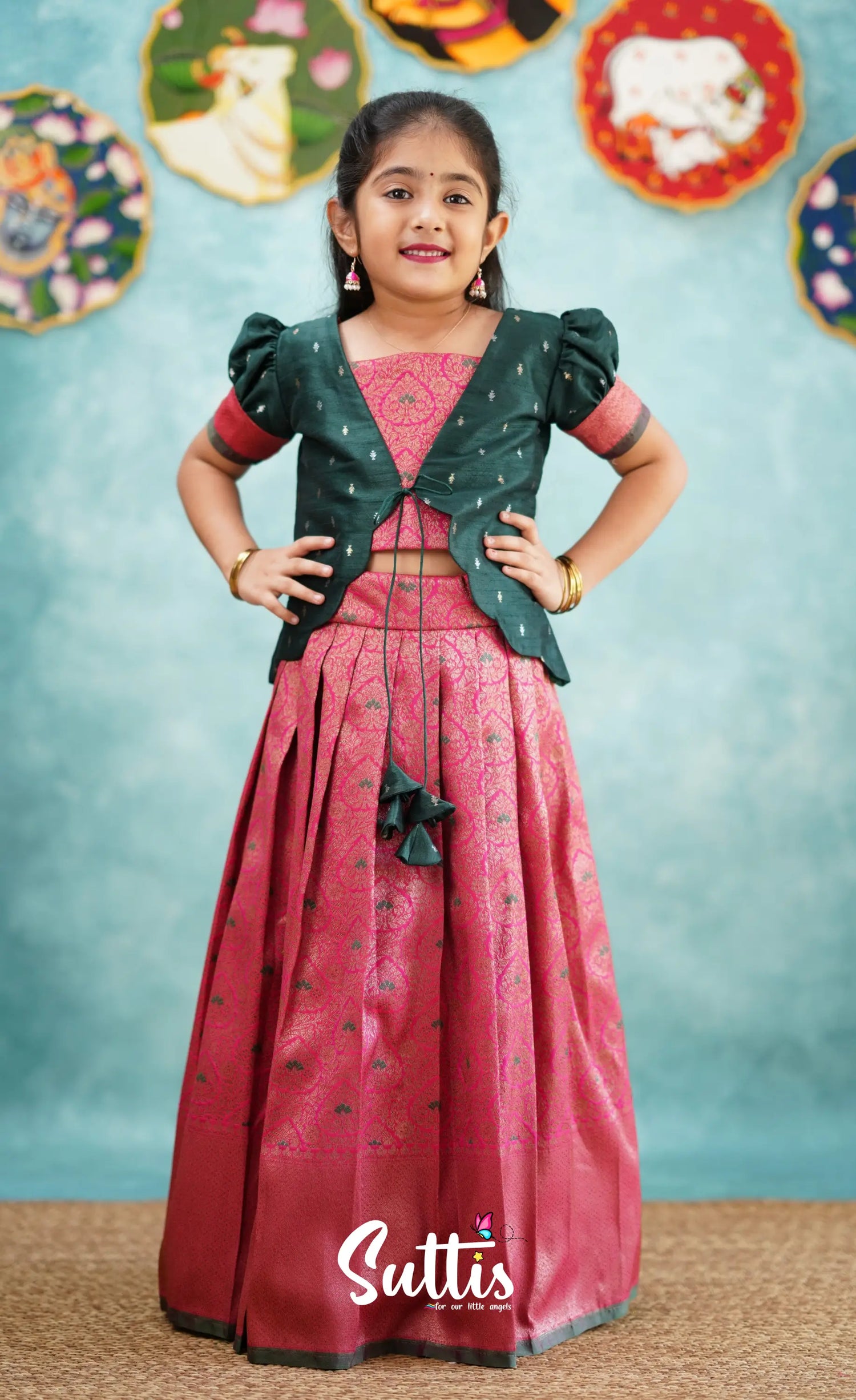 Antara - Bright Pink Tone And Dark Green Shade Pavadai Sattai Kids-Suttis