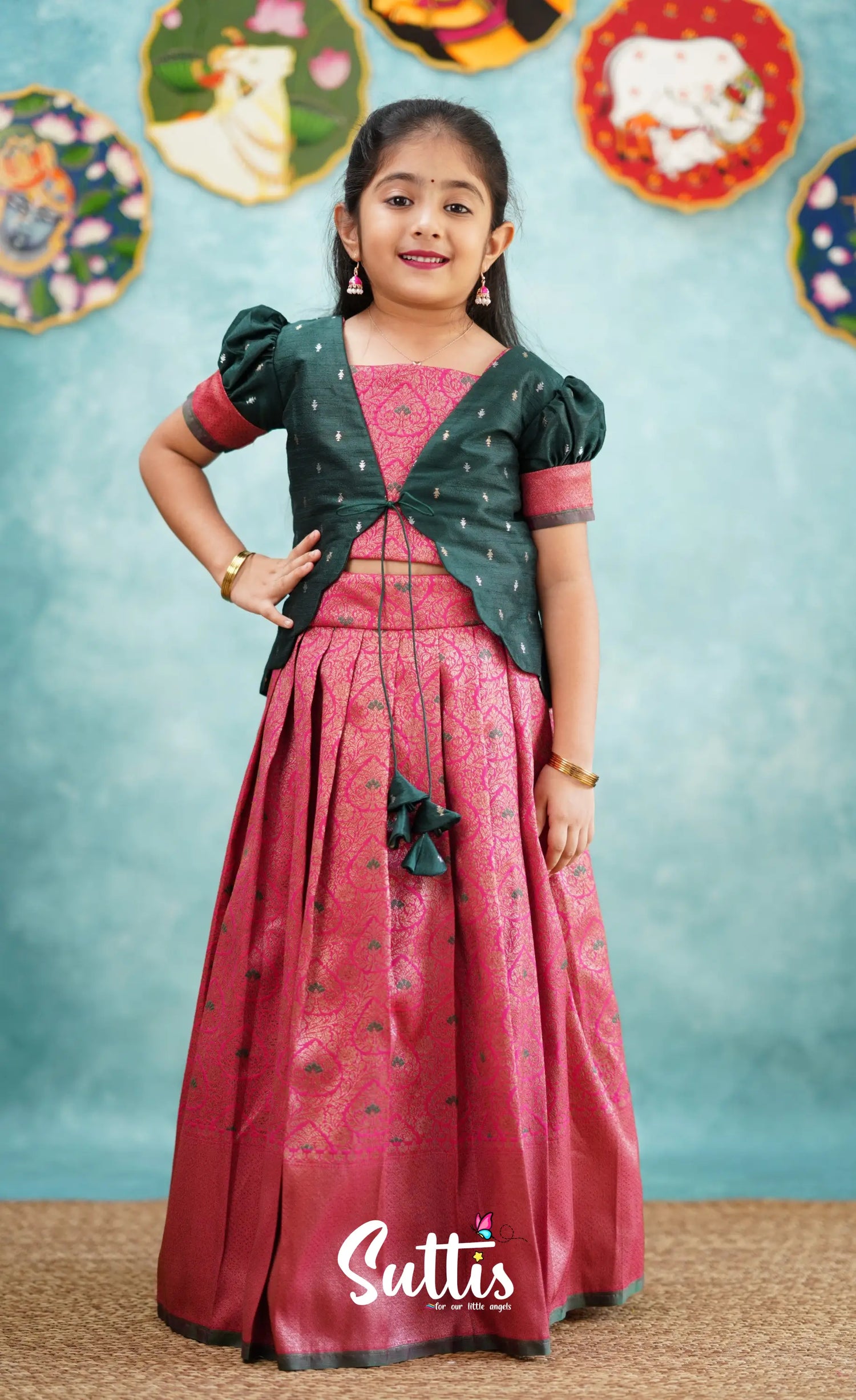 Antara - Bright Pink Tone And Dark Green Shade Pavadai Sattai Kids-Suttis