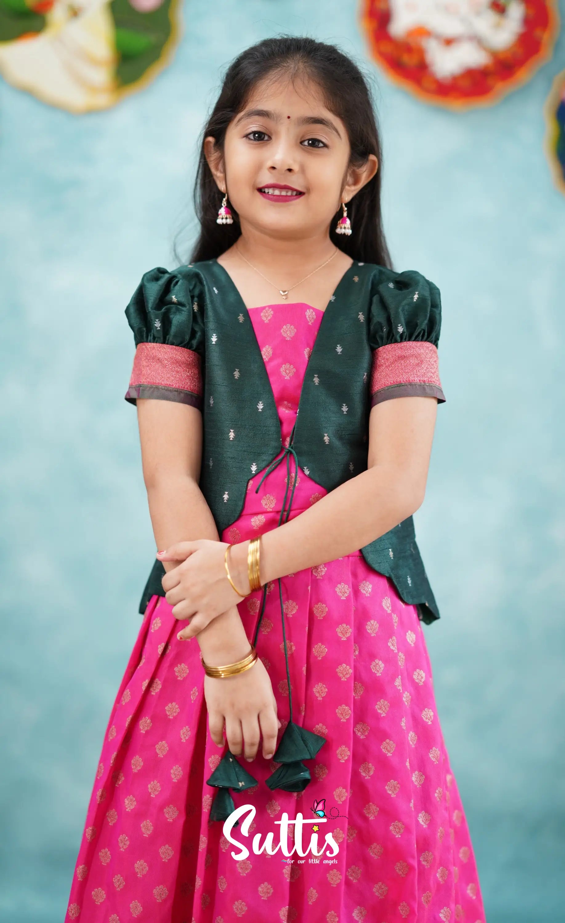 Antara - Bright Pink Tone And Dark Green Shade Pavadai Sattai Kids-Suttis