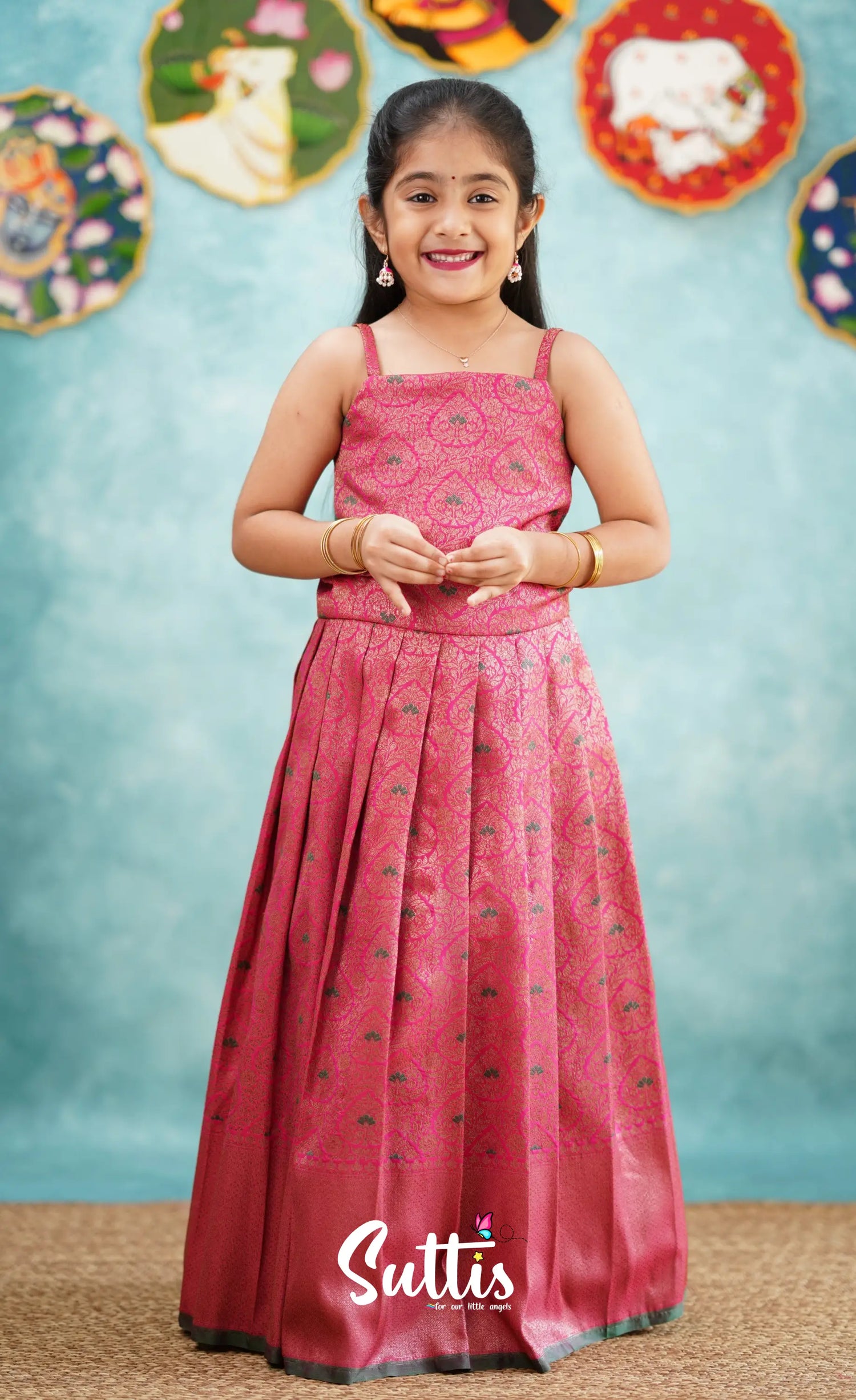 Antara - Bright Pink Tone And Dark Green Shade Pavadai Sattai Kids-Suttis