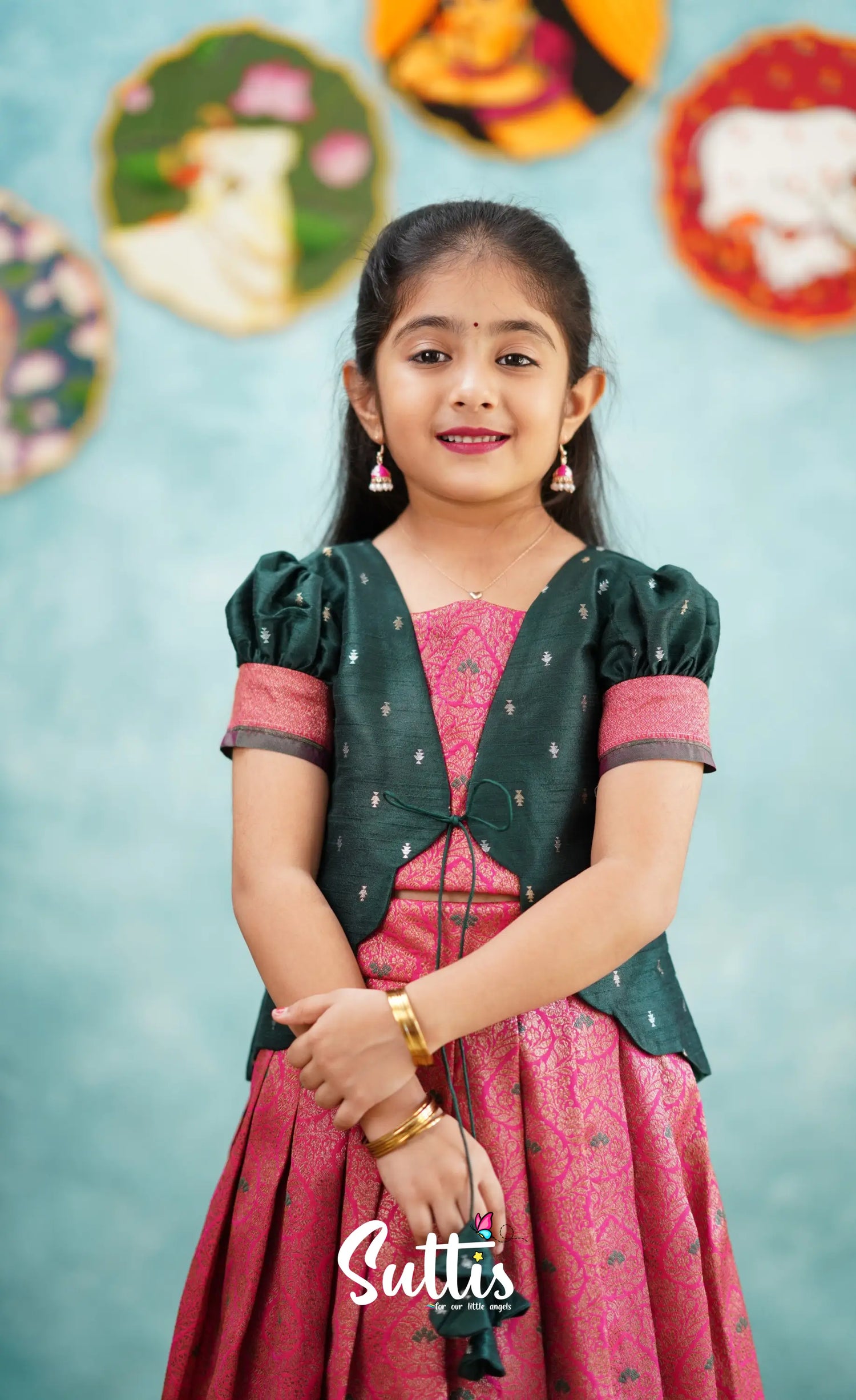 Antara - Bright Pink Tone And Dark Green Shade Pavadai Sattai Kids-Suttis