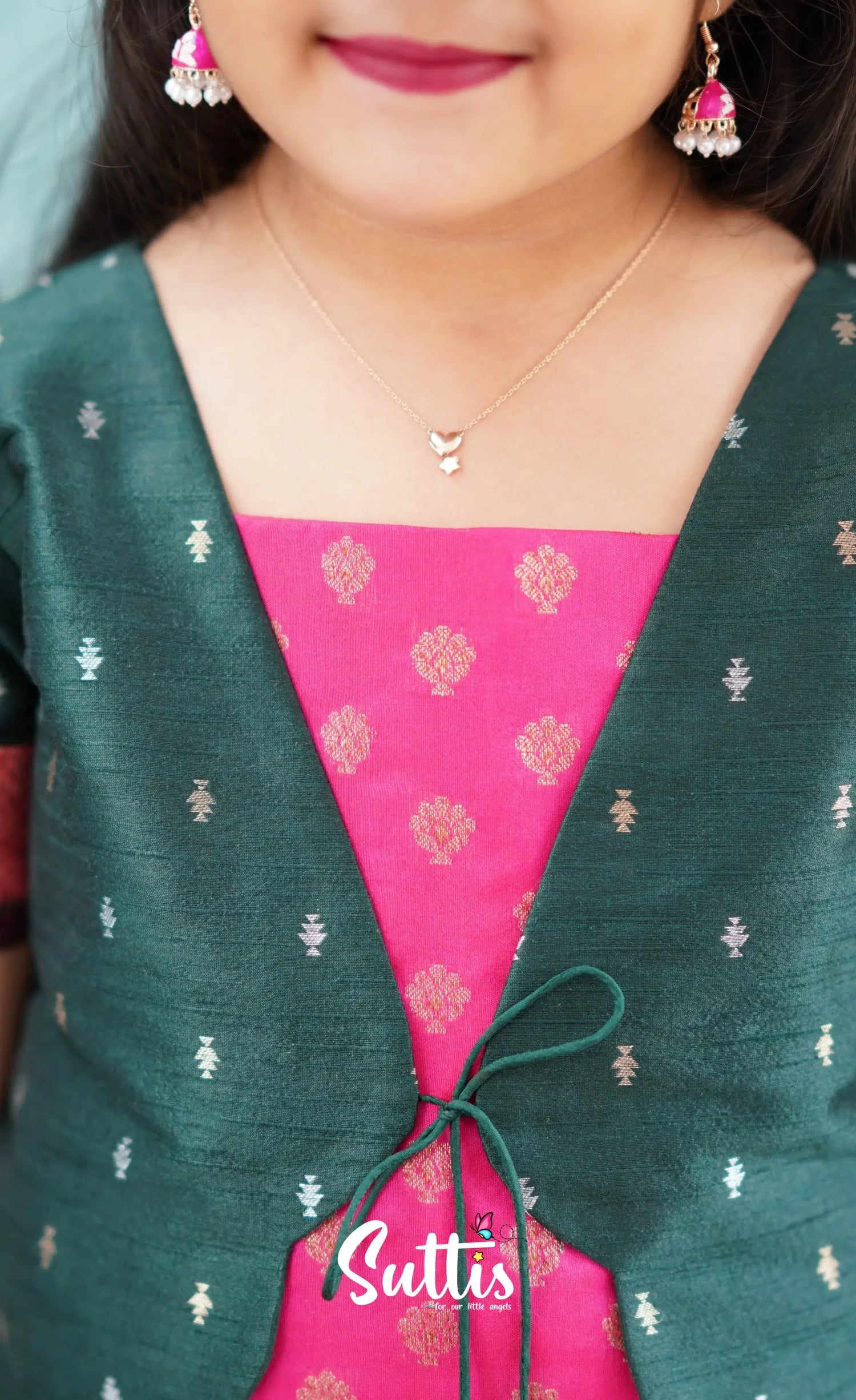 Antara - Bright Pink Tone And Dark Green Shade Pavadai Sattai Kids-Suttis