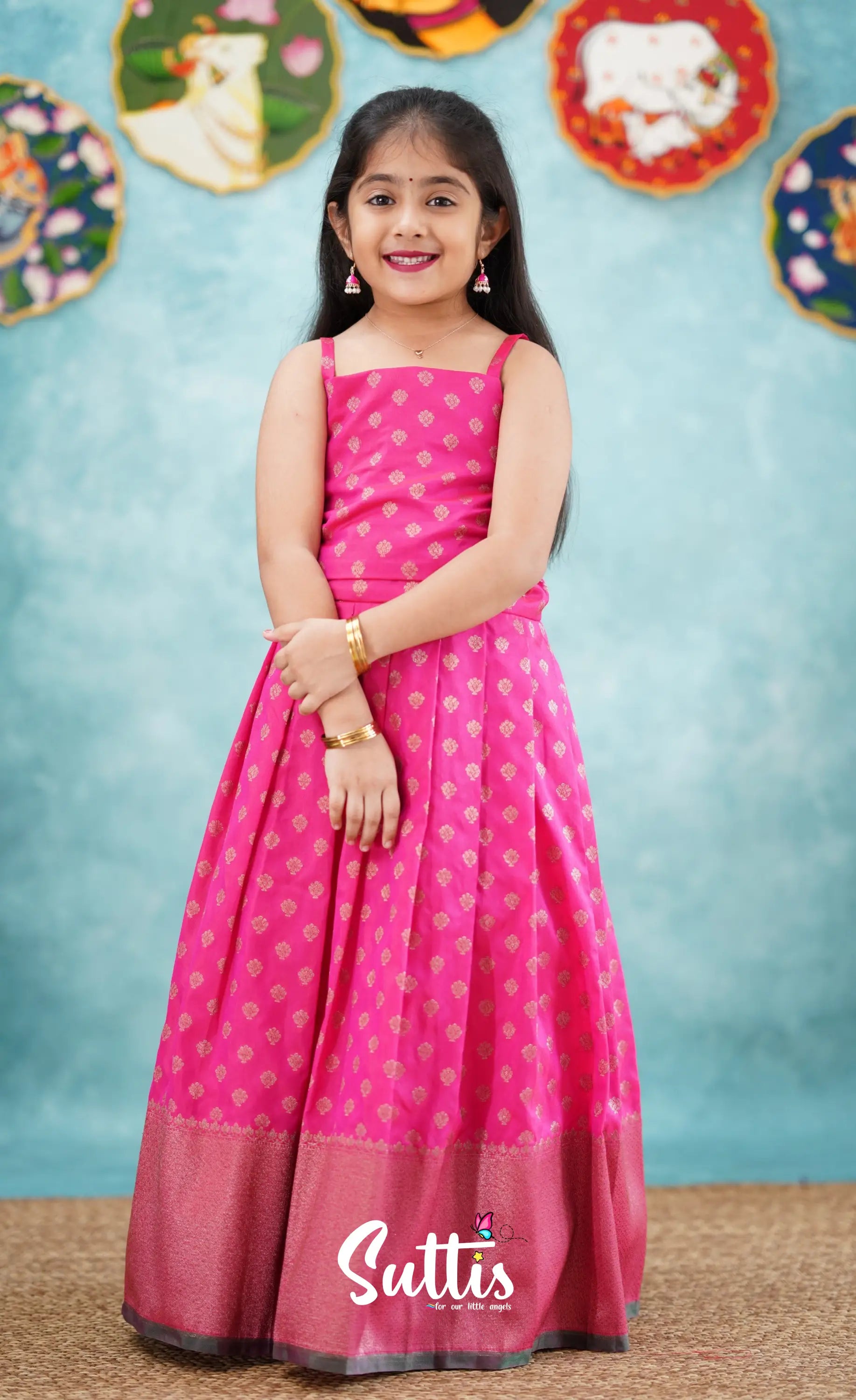 Antara - Bright Pink Tone And Dark Green Shade Pavadai Sattai Kids-Suttis