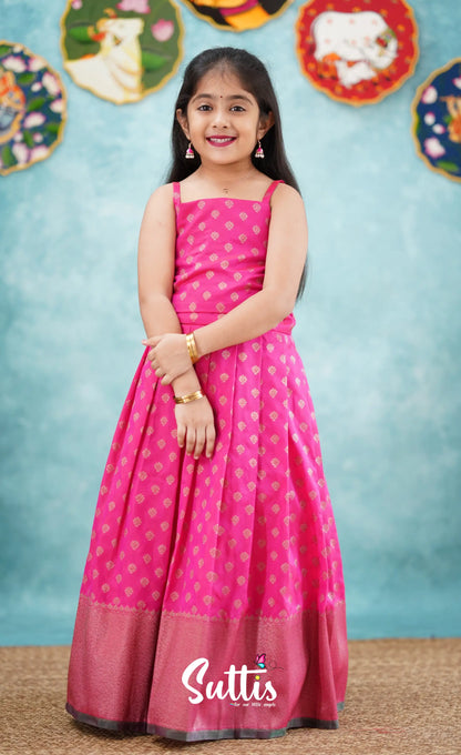 Antara - Bright Pink Tone And Dark Green Shade Pavadai Sattai Kids-Suttis