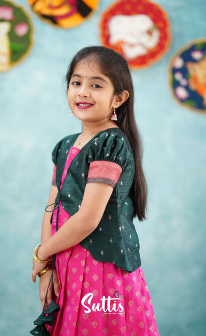 Antara - Bright Pink Tone And Dark Green Shade Pavadai Sattai Kids-Suttis