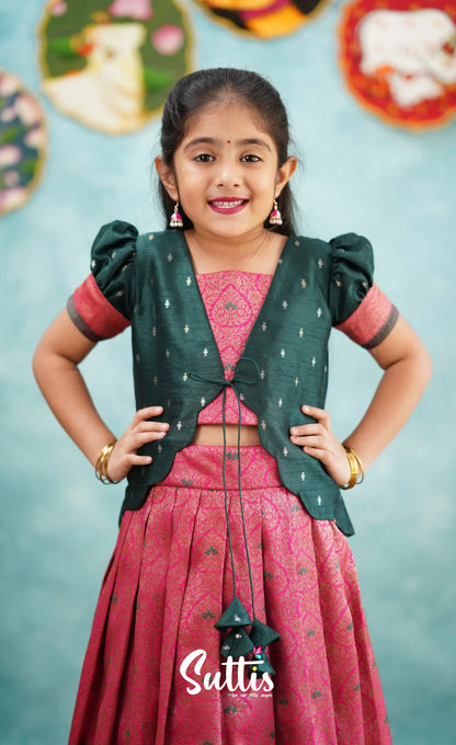 Antara - Bright Pink Tone And Dark Green Shade Pavadai Sattai Kids-Suttis