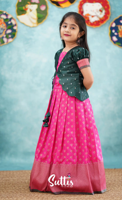 Antara - Bright Pink Tone And Dark Green Shade Pavadai Sattai Kids-Suttis