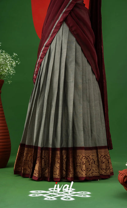 Ash Grey with Maroon Semi-Stitched Cotton Halfsaree Half Sarees