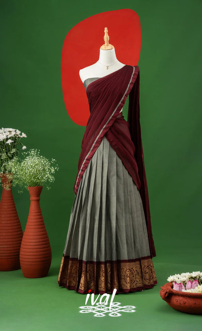 Ash Grey with Maroon Semi-Stitched Cotton Halfsaree Half Sarees