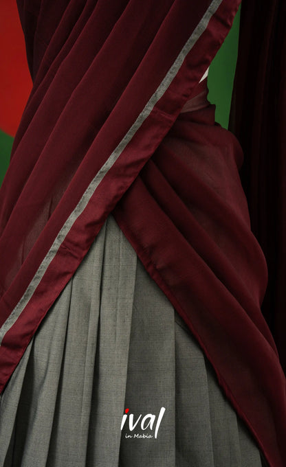 Ash Grey with Maroon Semi-Stitched Cotton Halfsaree Half Sarees