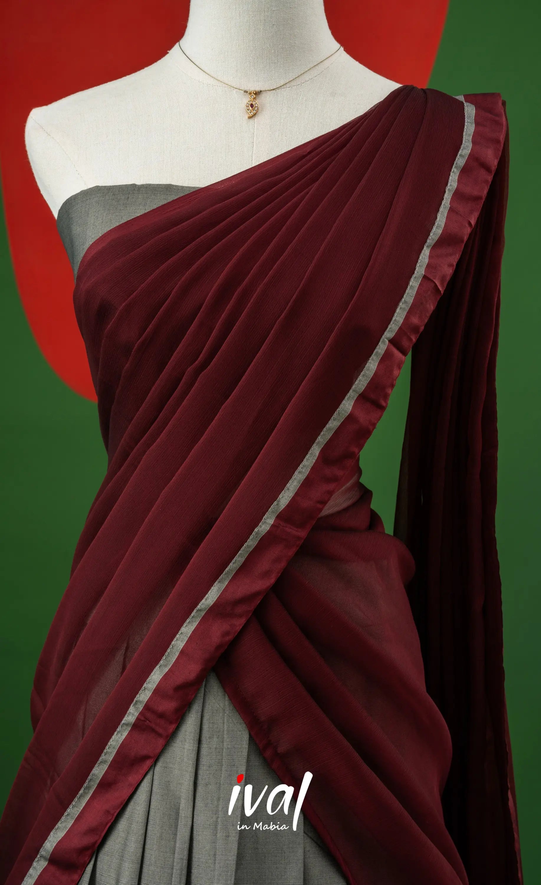 Ash Grey with Maroon Semi-Stitched Cotton Halfsaree Half Sarees