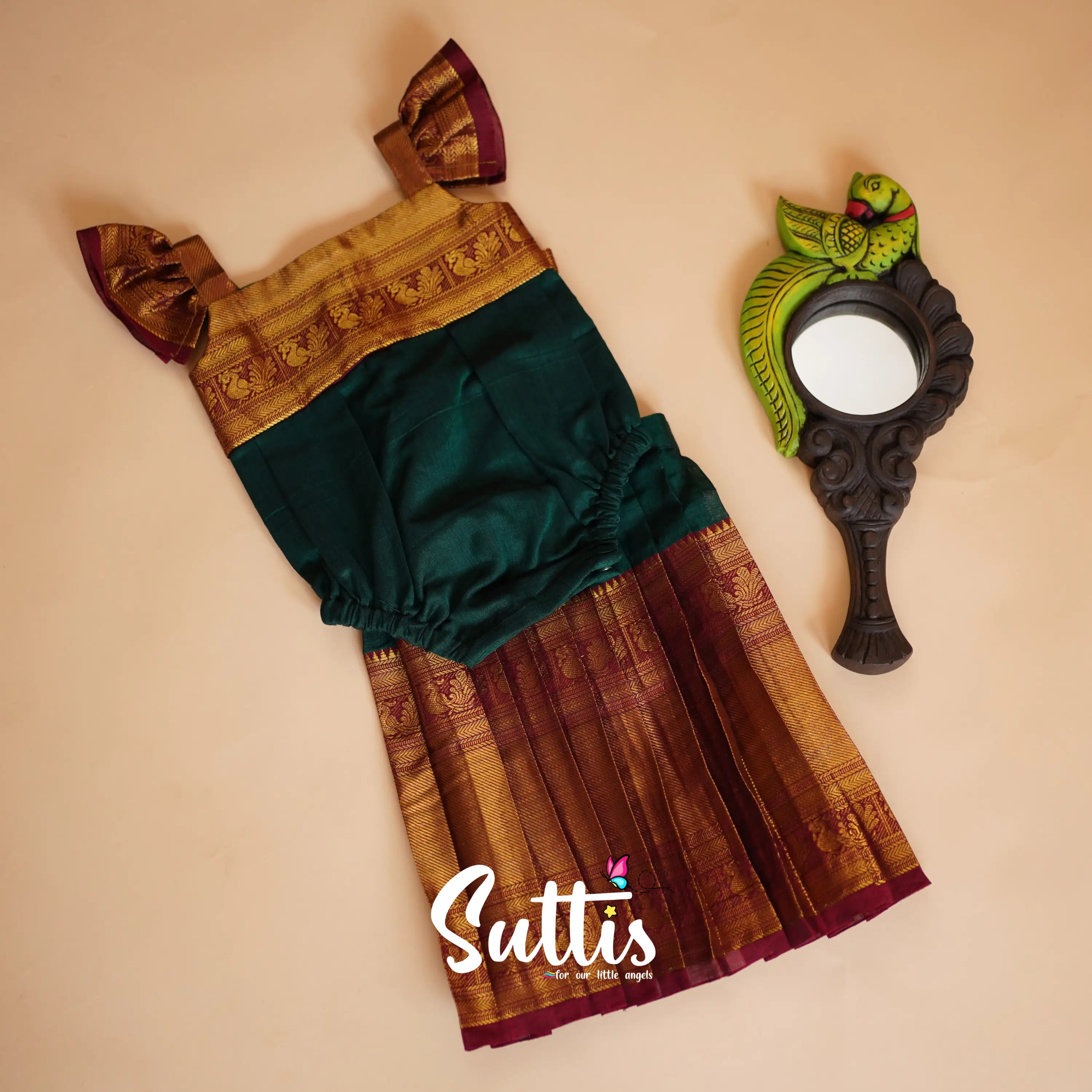 Ayla Bottle Green Shade And Maroon Tone Crushed Cotton Set Kids-Suttis