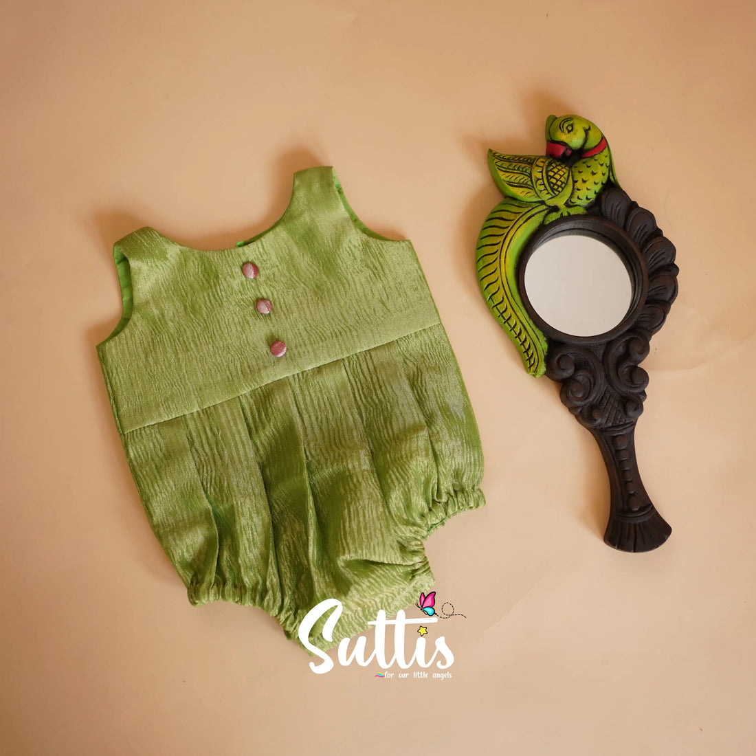 Ayla Green Shade Crushed Silk Romper Set Kids-Suttis