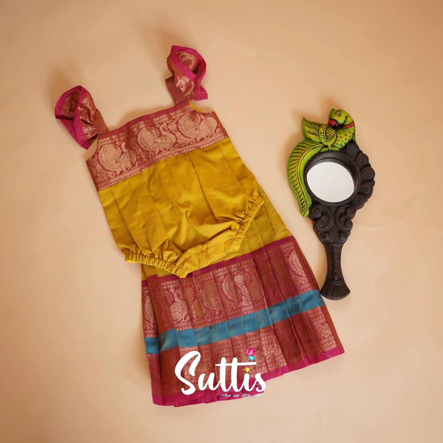 Ayla Hazel Yellow Shade And Pink Tone Crushed Cotton Set Kids-Suttis