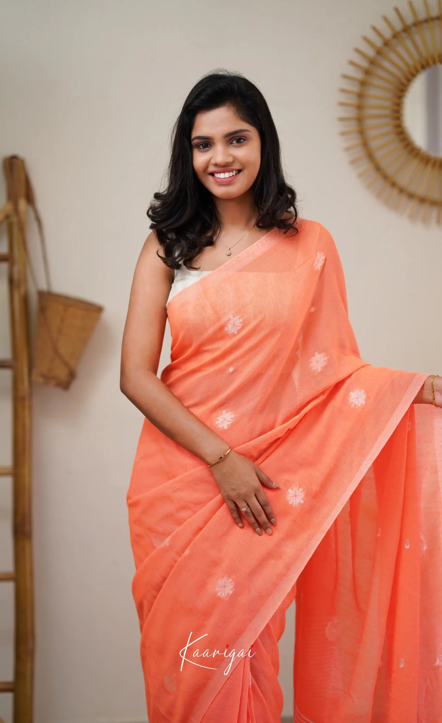 Azhagi - Light Neon Orange Cotton Saree Sarees