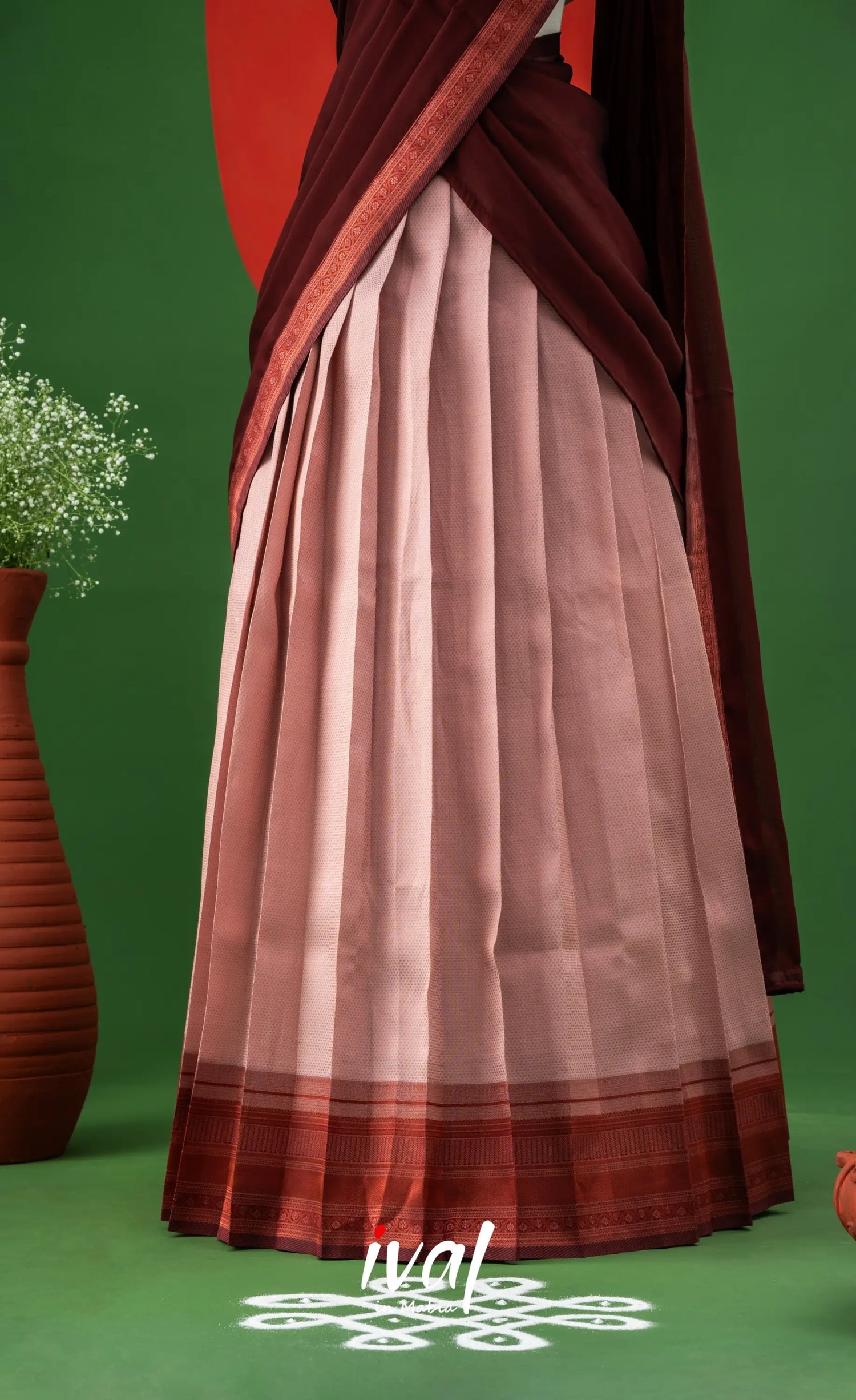 Baby Pink with Maroon Semi-stitched Blended Silk Halfsaree Half Sarees