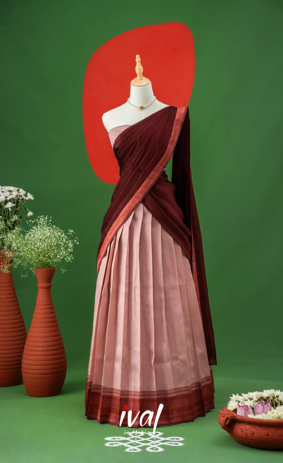 Baby Pink with Maroon Semi-stitched Blended Silk Halfsaree Half Sarees