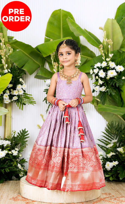Banarassi Silk Pavadai Sattai - Lavender and Red Kids-Suttis