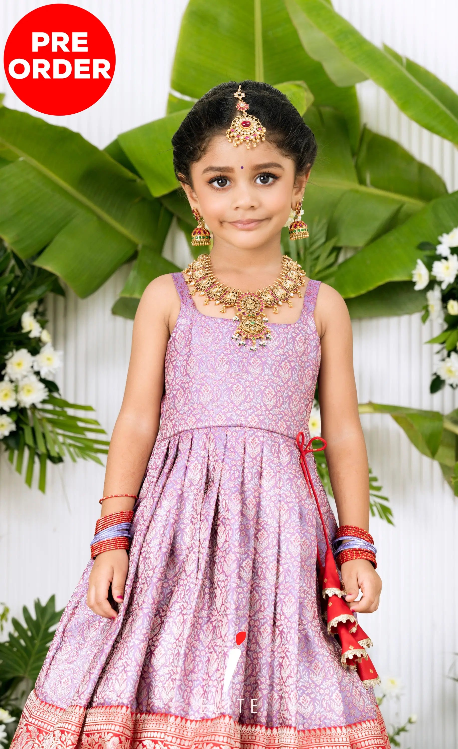Banarassi Silk Pavadai Sattai - Lavender and Red Kids-Suttis