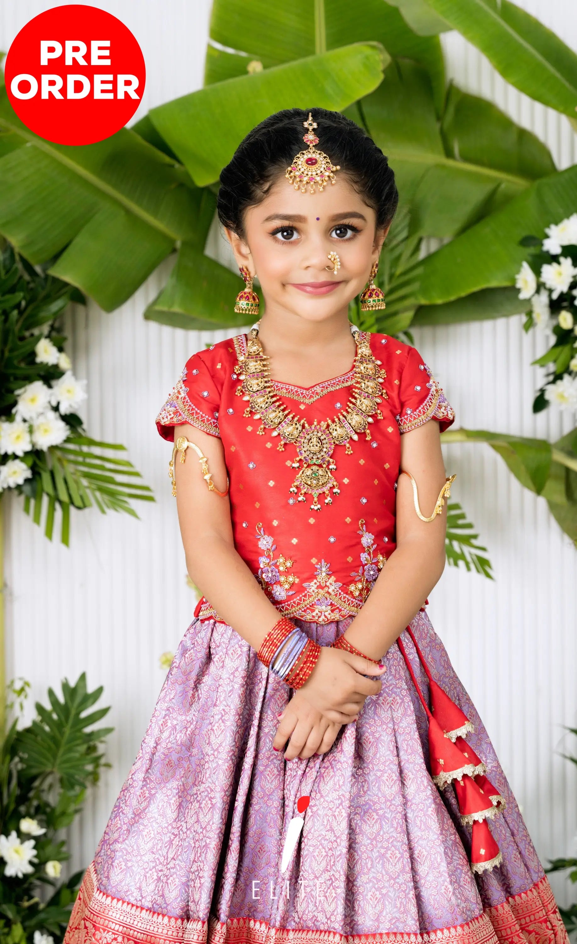 Banarassi Silk Pavadai Sattai - Lavender and Red Kids-Suttis