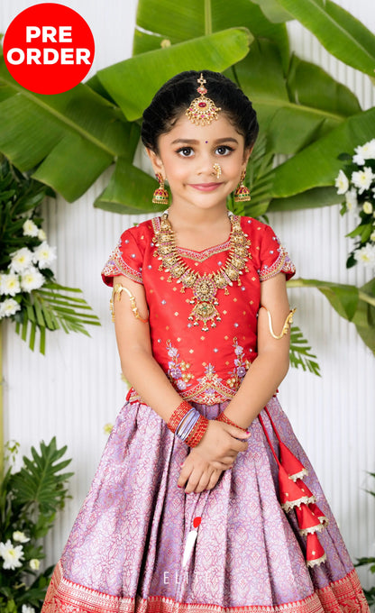 Banarassi Silk Pavadai Sattai - Lavender and Red Kids-Suttis