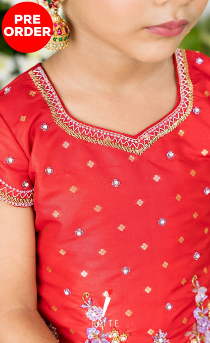 Banarassi Silk Pavadai Sattai - Lavender and Red Kids-Suttis