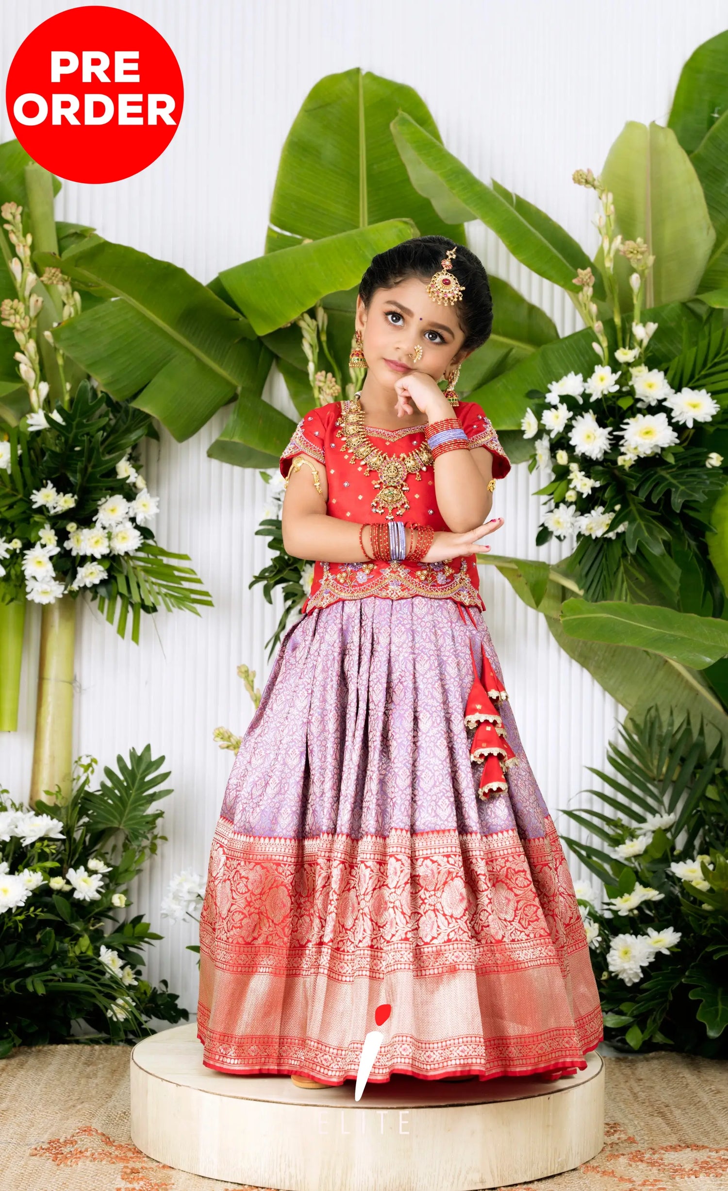 Banarassi Silk Pavadai Sattai - Lavender and Red Kids-Suttis