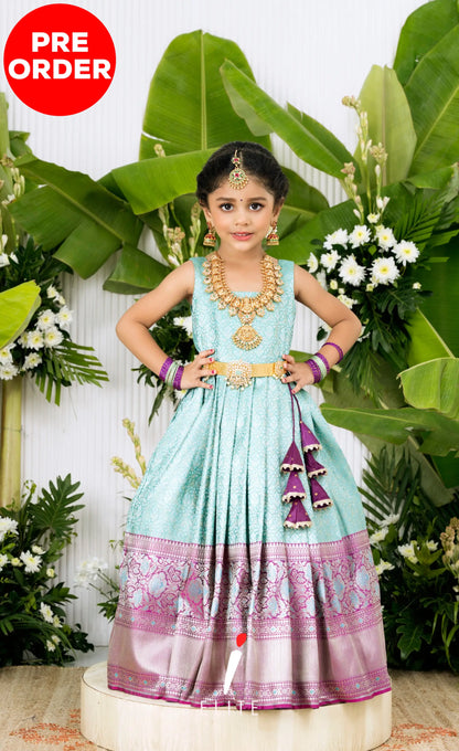 Banarassi Silk Pavadai Sattai - Pastel Blue and Purple Kids-Suttis