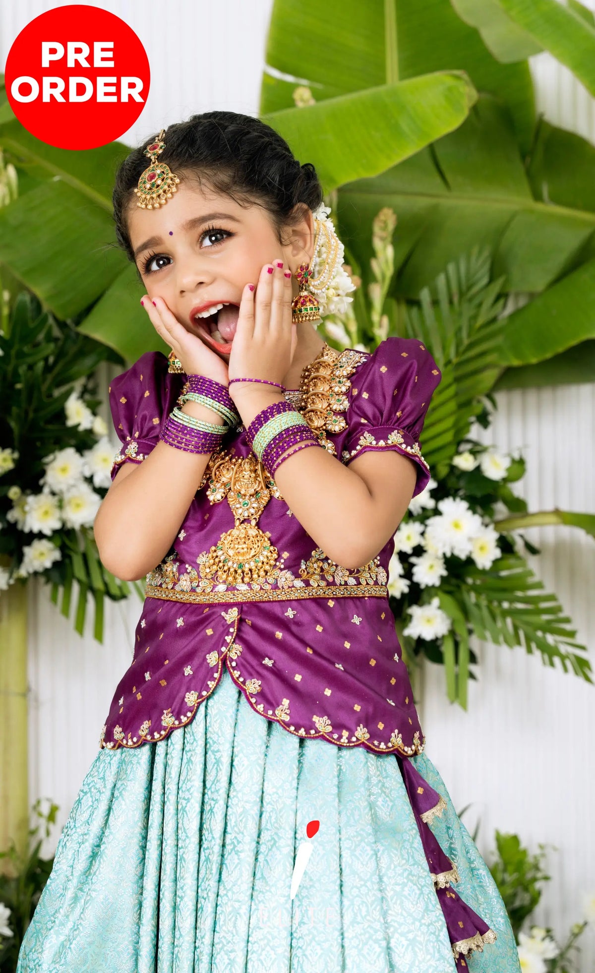 Banarassi Silk Pavadai Sattai - Pastel Blue and Purple Kids-Suttis