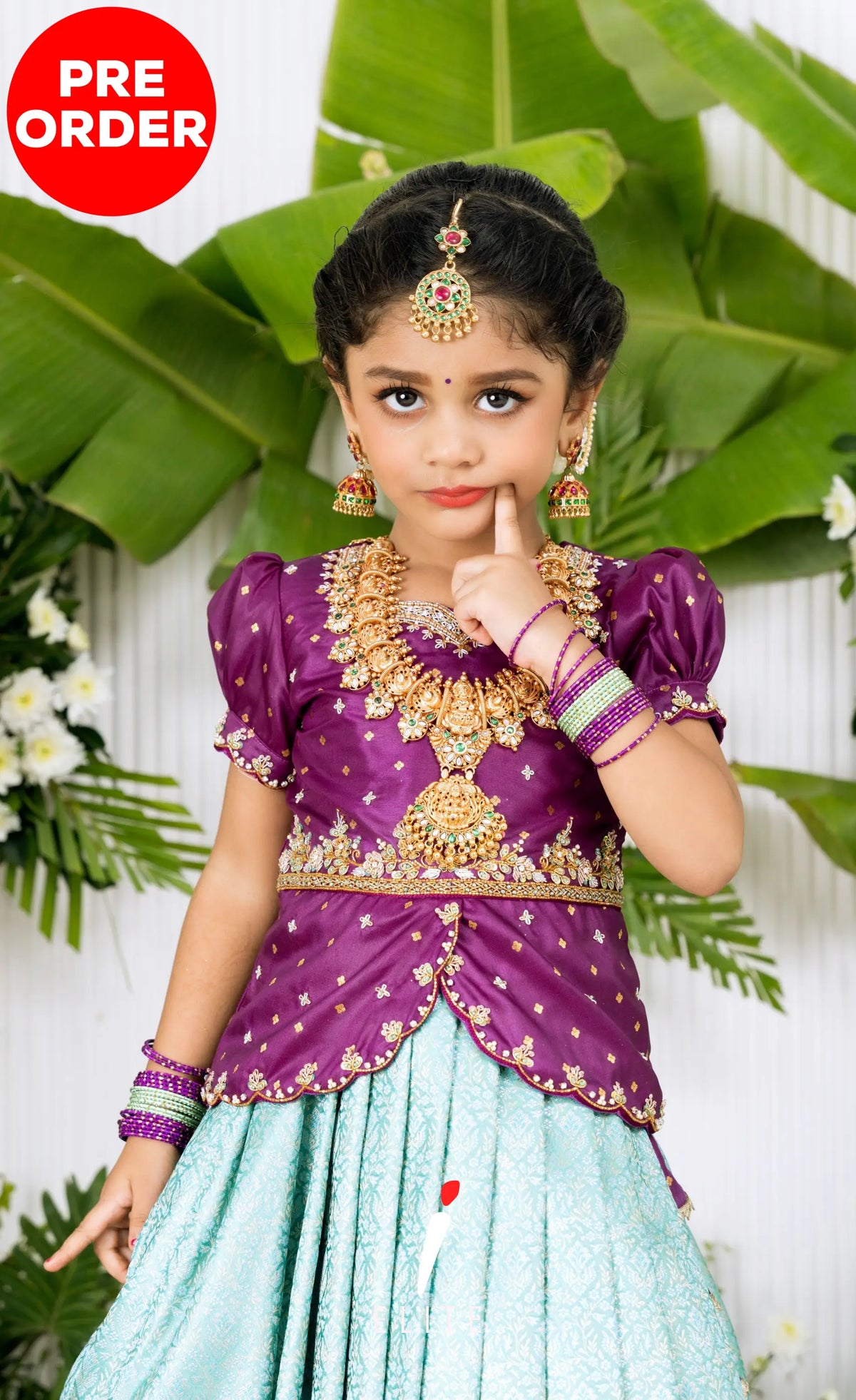 Banarassi Silk Pavadai Sattai - Pastel Blue and Purple Kids-Suttis