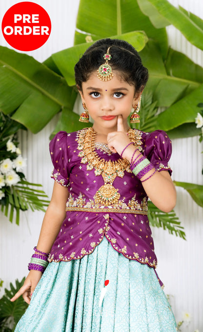 Banarassi Silk Pavadai Sattai - Pastel Blue and Purple Kids-Suttis