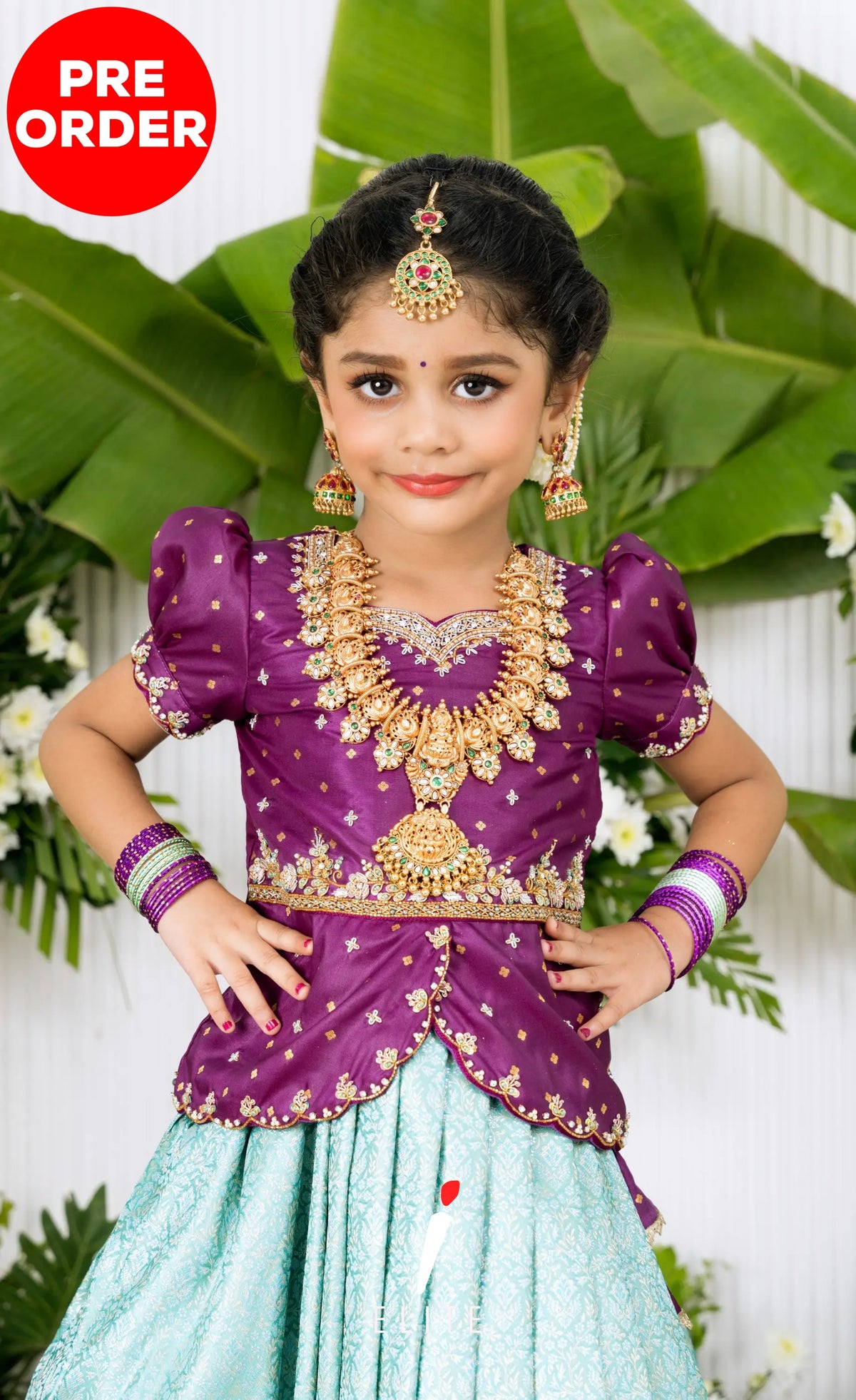 Banarassi Silk Pavadai Sattai - Pastel Blue and Purple Kids-Suttis