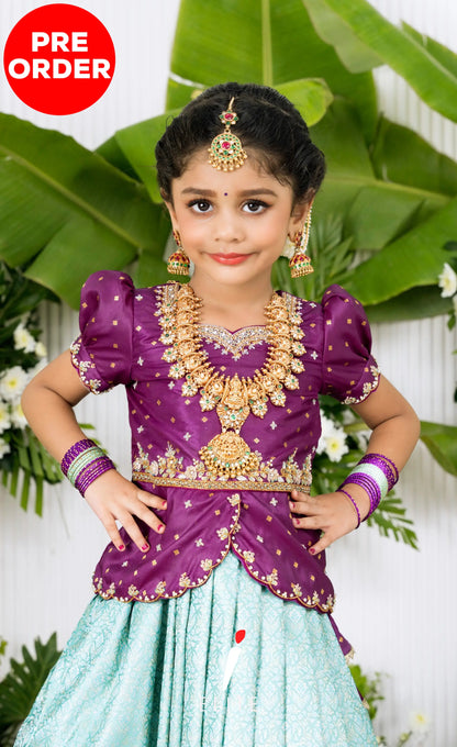 Banarassi Silk Pavadai Sattai - Pastel Blue and Purple Kids-Suttis