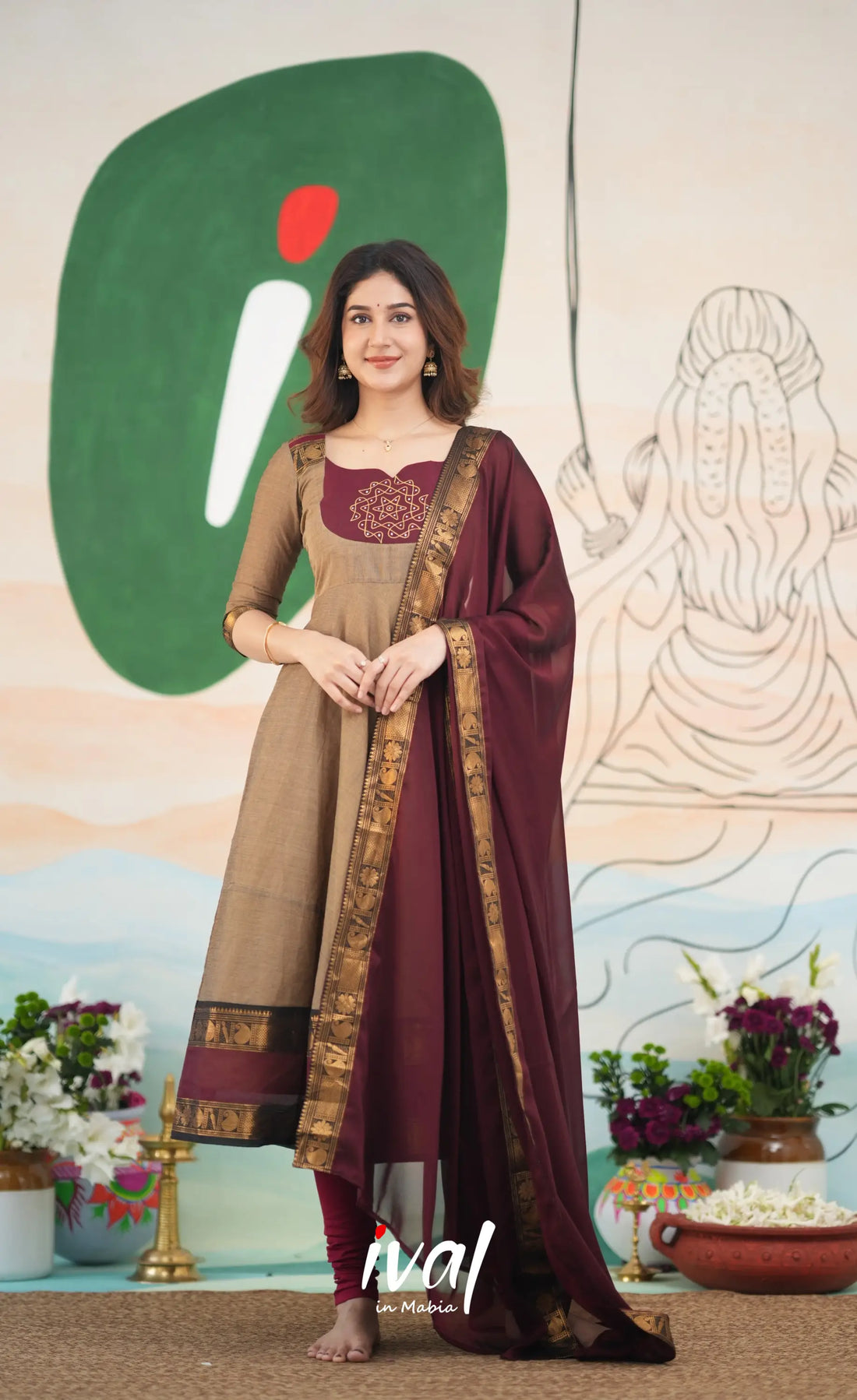 Beige and Dark Maroon Cotton Anarkali Anarkalis