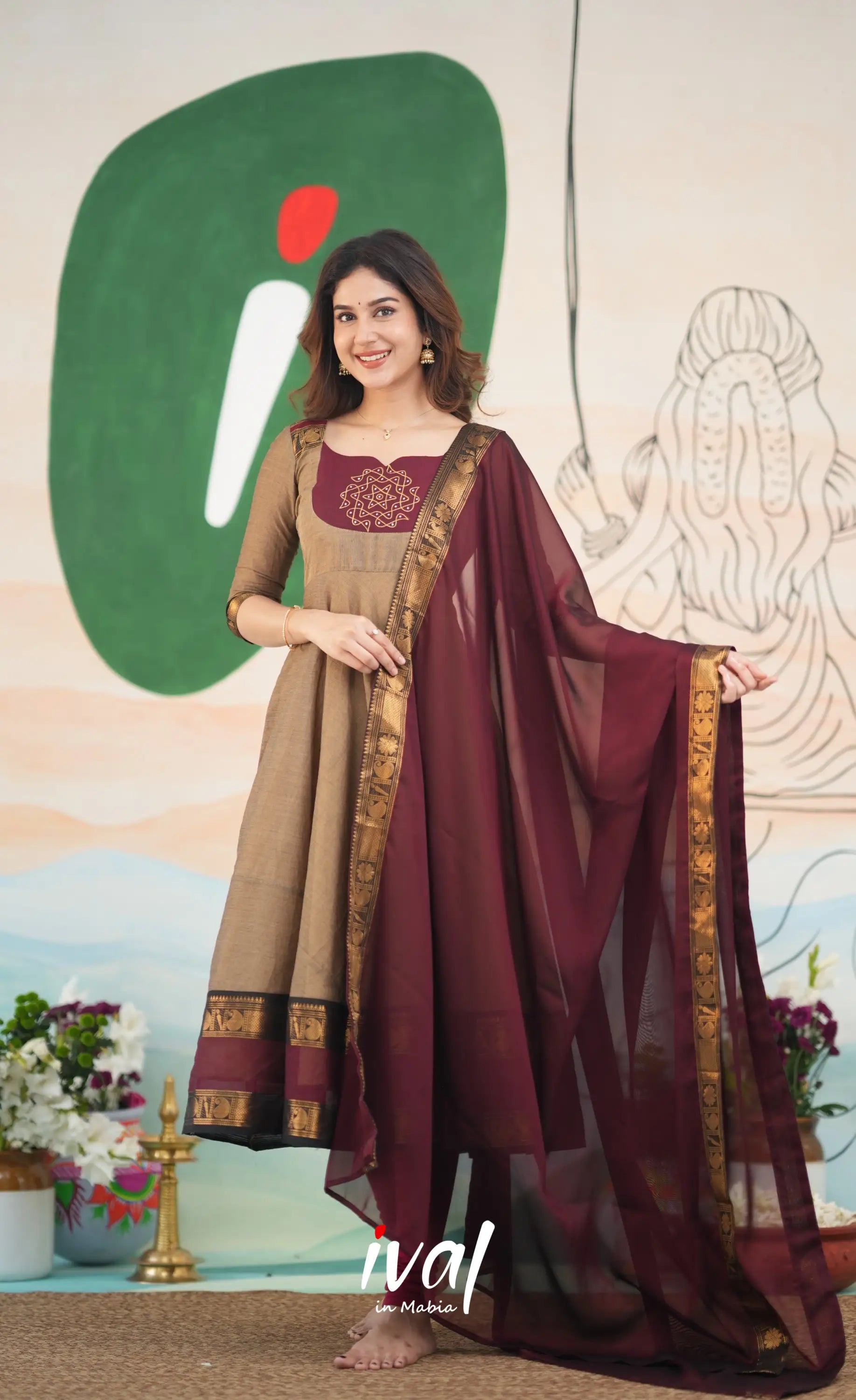 Beige and Dark Maroon Cotton Anarkali Anarkalis