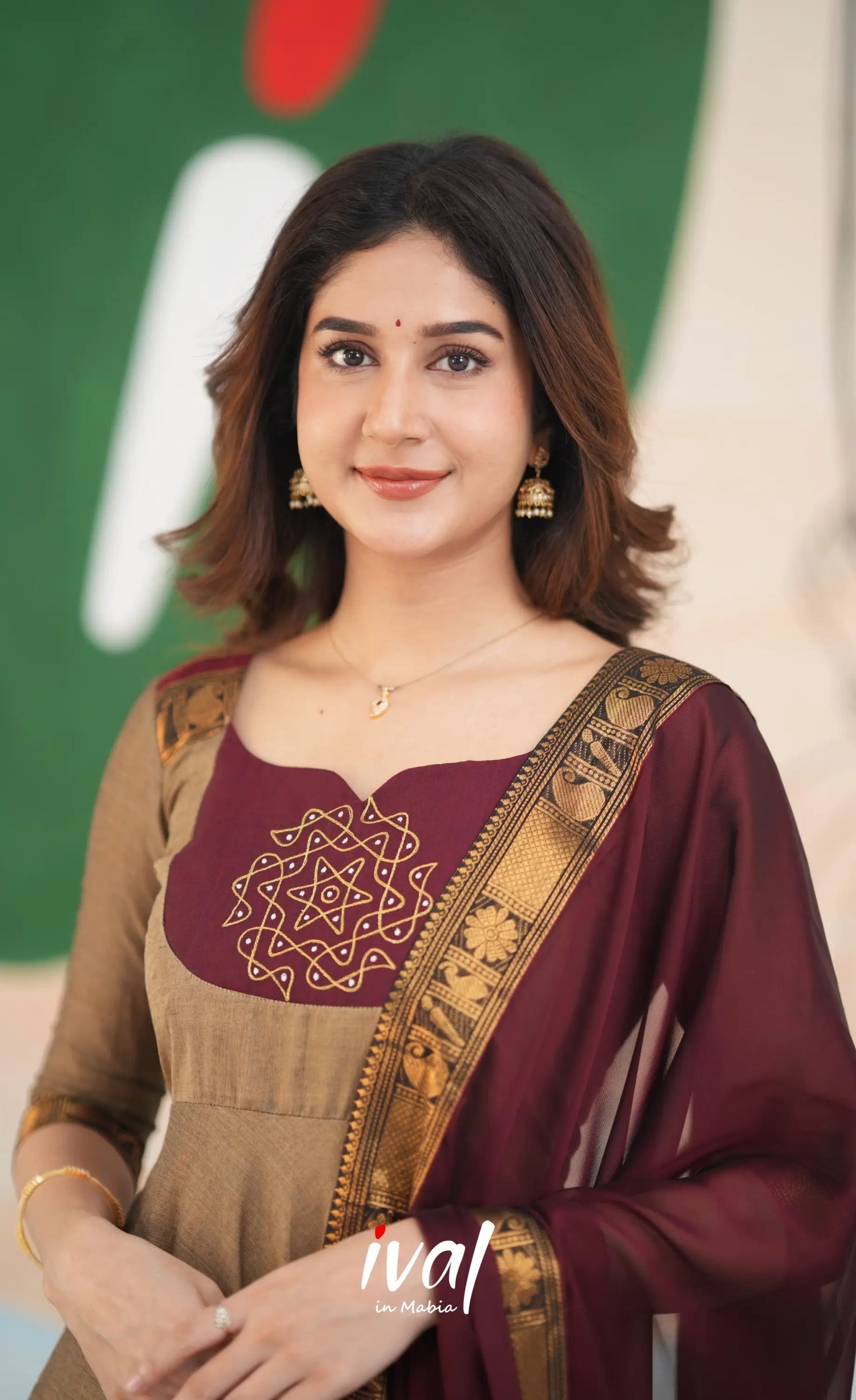 Beige and Dark Maroon Cotton Anarkali Anarkalis