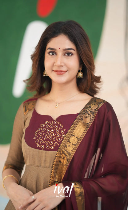 Beige and Dark Maroon Cotton Anarkali Anarkalis