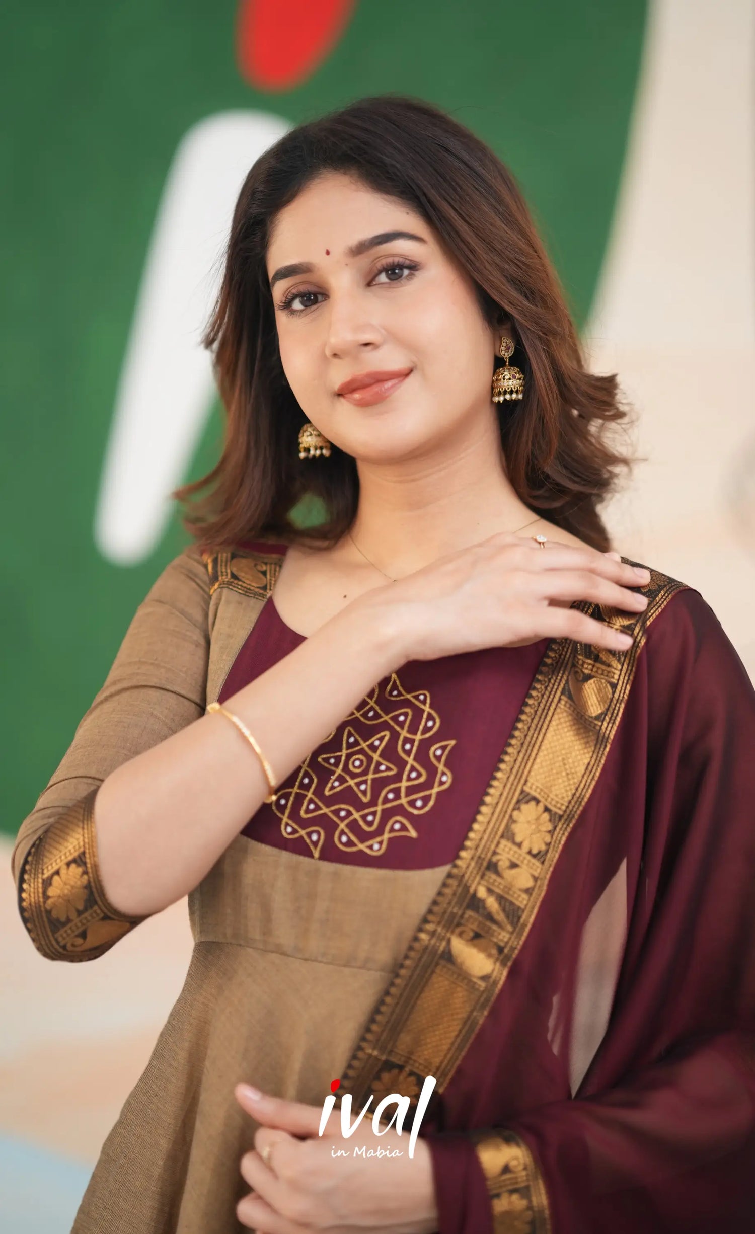 Beige and Dark Maroon Cotton Anarkali Anarkalis
