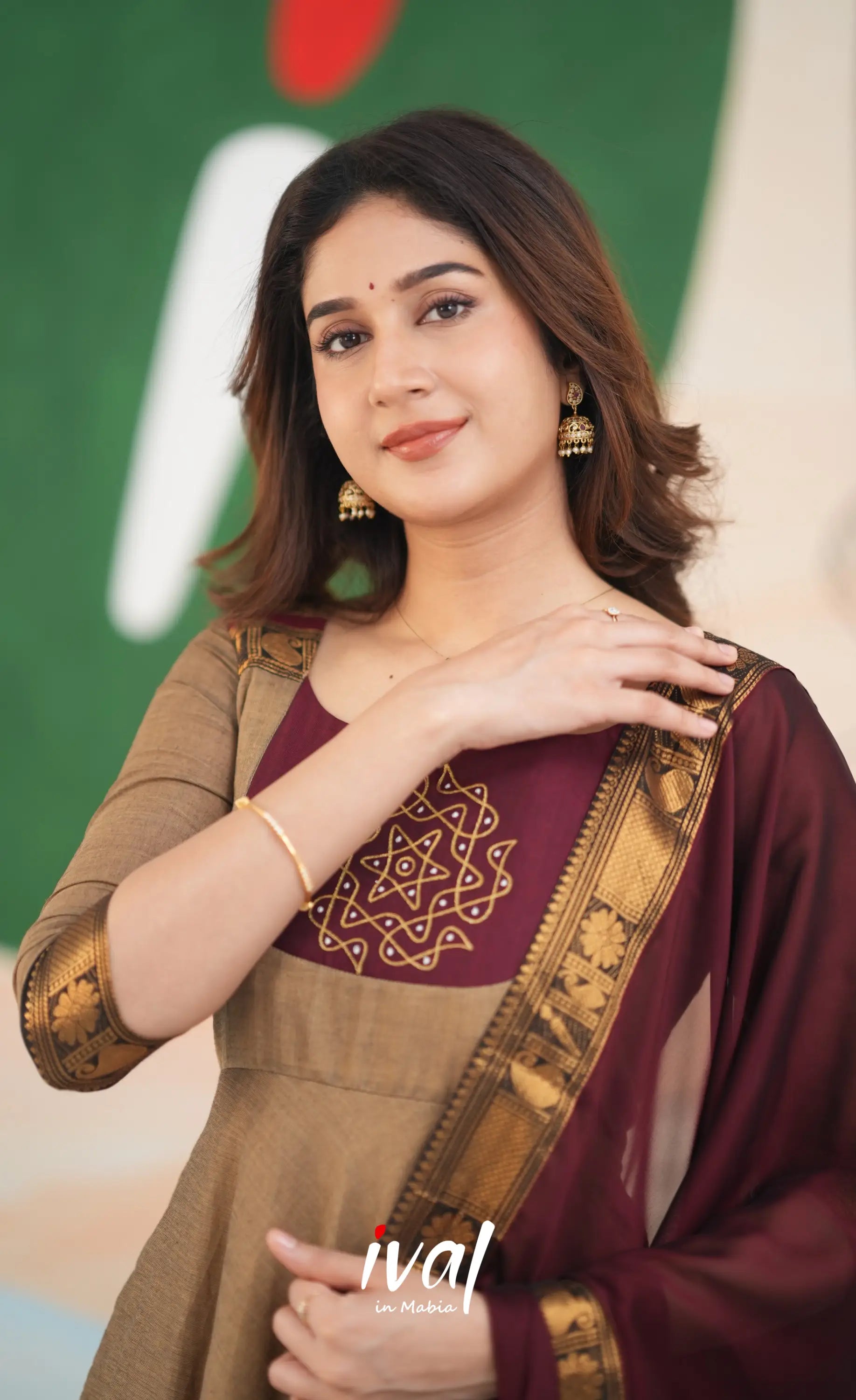 Beige and Dark Maroon Cotton Anarkali Anarkalis