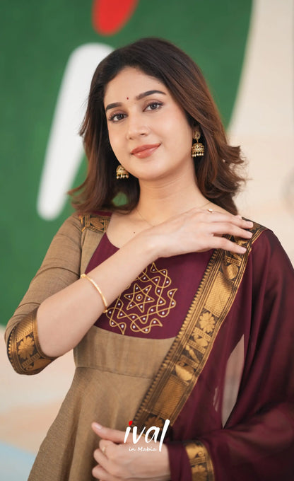Beige and Dark Maroon Cotton Anarkali Anarkalis
