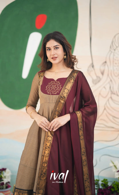 Beige and Dark Maroon Cotton Anarkali Anarkalis