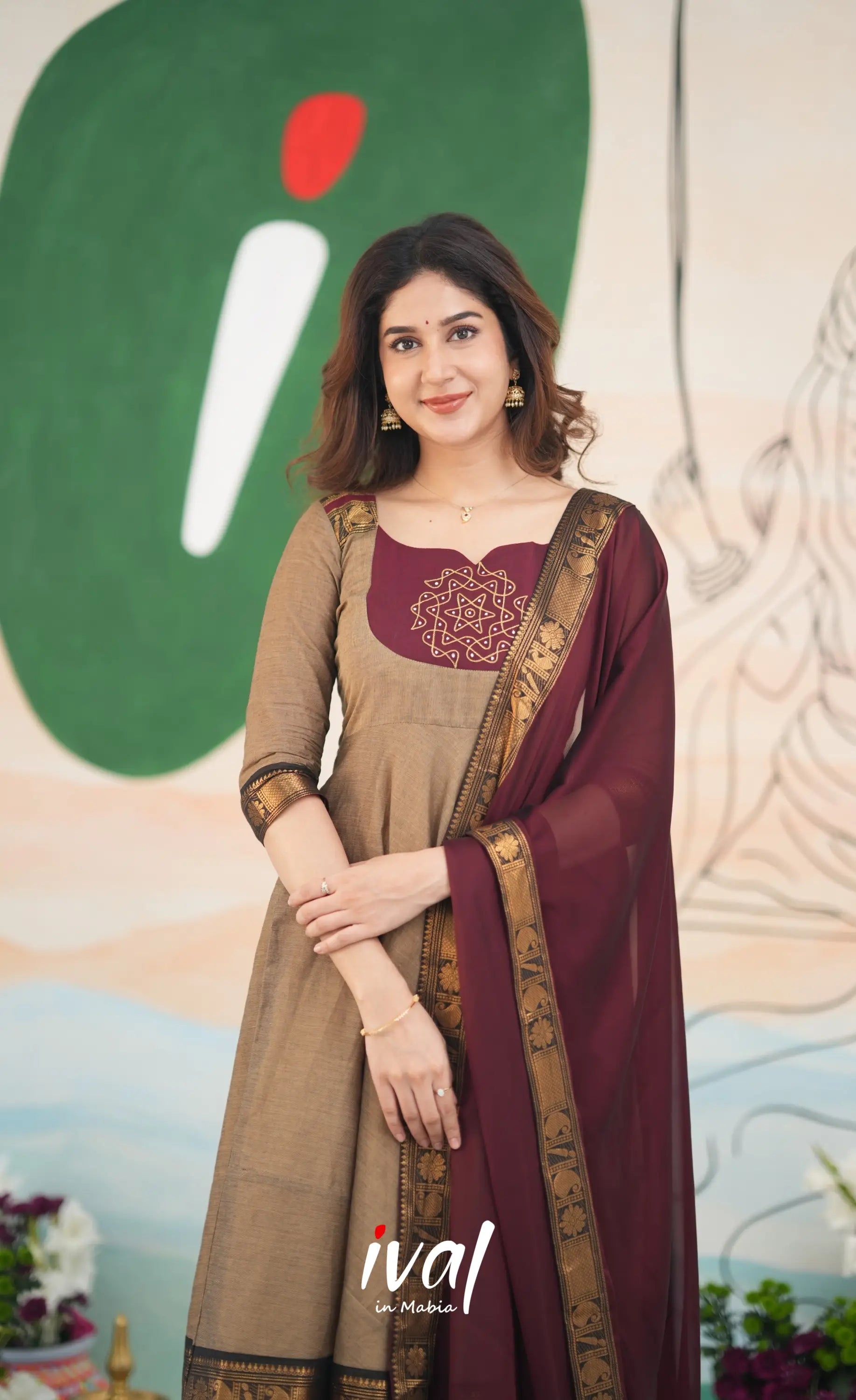 Beige and Dark Maroon Cotton Anarkali Anarkalis