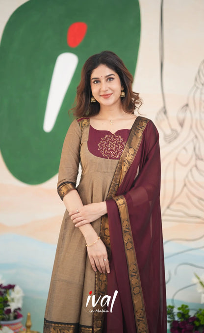 Beige and Dark Maroon Cotton Anarkali Anarkalis