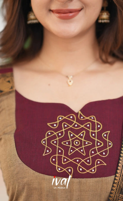 Beige and Dark Maroon Cotton Anarkali Anarkalis