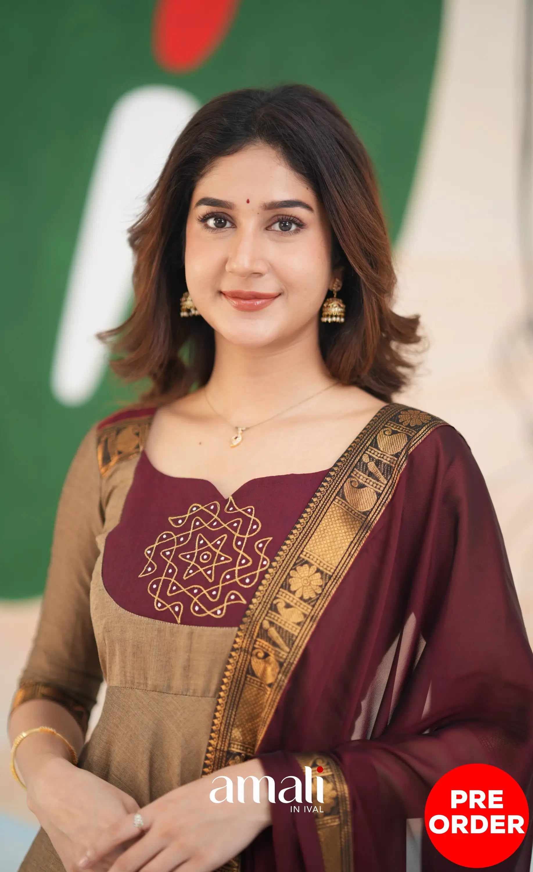 Beige and Dark Maroon Cotton Anarkali Anarkalis