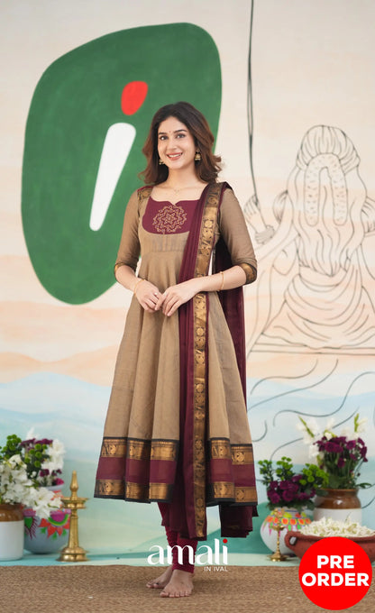 Beige and Dark Maroon Cotton Anarkali Anarkalis