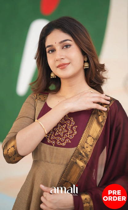 Beige and Dark Maroon Cotton Anarkali Anarkalis