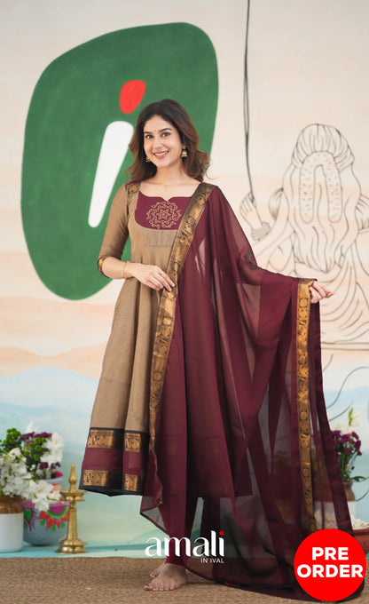 Beige and Dark Maroon Cotton Anarkali Anarkalis